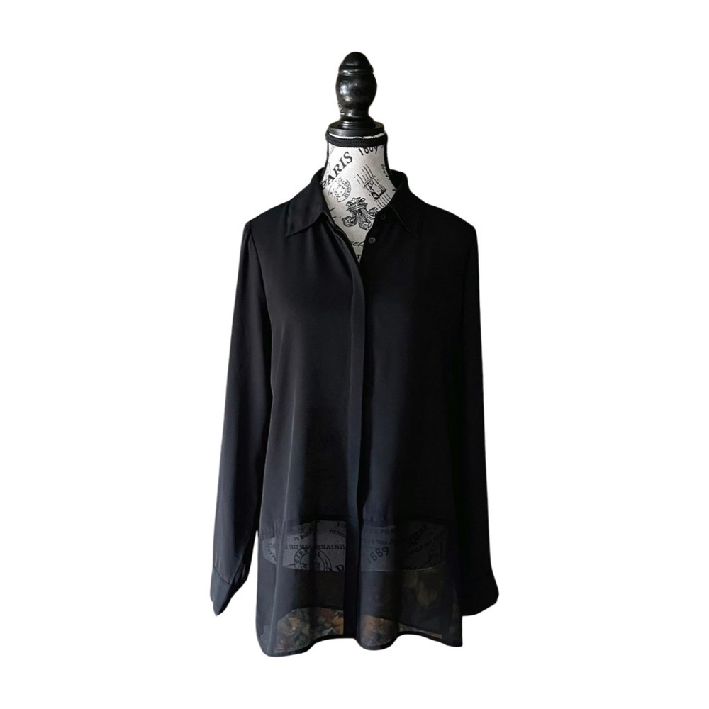 90s Minimalist Black Mesh Sheer Button Up Blouse Size Medium